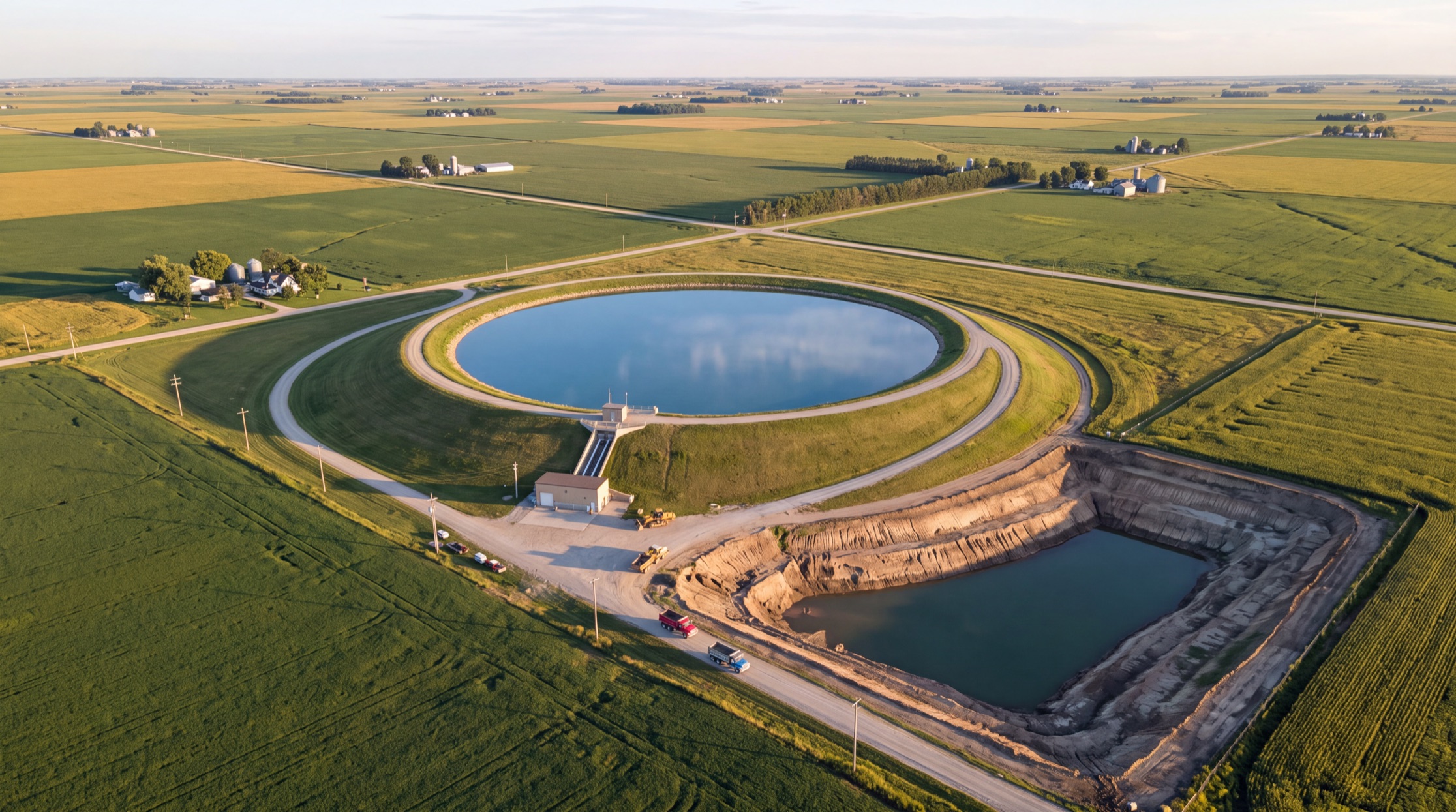 Aerial view of flat Midwestern farmland with a large circular earth embankment reservoir rising above the fields, holding a full pool of still blue water at the top, with a service road spiralling up the outside and an intake works and penstock descending to a small powerhouse at the toe. Directly beside it, a deep rectangular excavated pit with raw terraced cut faces holds darker water. Dump trucks on the haul road for scale. Farmhouses, silos and section roads all around.