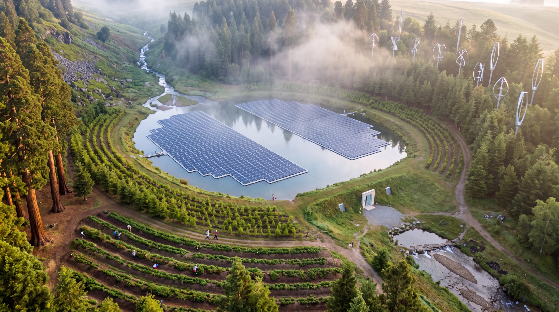 Aerial view at dawn of a small forested valley. A lake sits on a shelf near the top of the slope, most of its surface roofed by floating solar panels with open lanes of bare water between them, mist rising off the open water. A stream comes down through rocks and feeds the lake; another leaves it and runs away downhill over riffles. The lake is ringed by concentric belts of giant sequoia planted by age — tall mature trees on the outside, then younger ones, then thousands of knee-high saplings in curving rows nearest the water. In the shade below, long curving hugelkultur mounds planted with berries, with people working the rows. Vertical-axis wind turbines stand among the trees on the ridge. A single pale stone and glass door with two low vents is set into a grassed berm at the shore. There are no other buildings.
