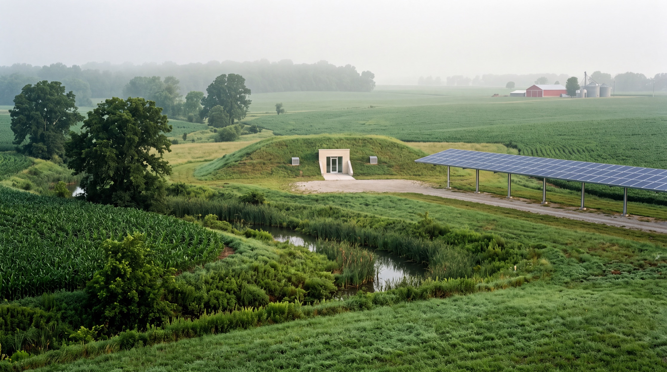 A humid green Midwestern morning. Rolling corn and hay fields, heavy hardwood trees, a creek with cattails, haze softening the far treeline. A low grassed berm rises out of a hayfield and set flat into its face is a single pale limestone and glass door with a short concrete apron. Two low ventilation louvres sit in the grass beside it. A farm road runs past, roofed for its whole length by a slim solar canopy. A red barn and grain bins far off. No towers, no fences, no cooling equipment anywhere.