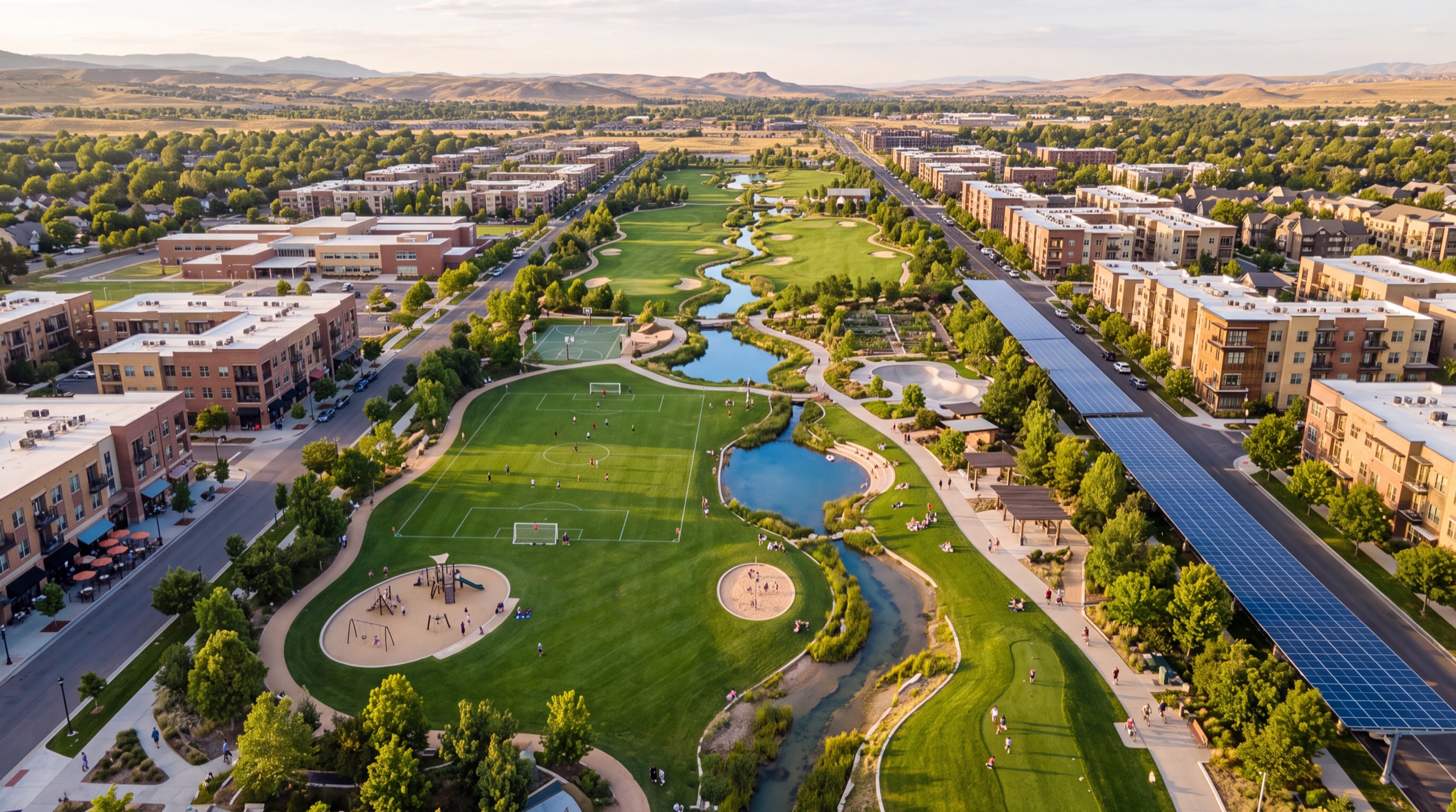 Aerial view of a long linear green park running through a low-rise walkable neighbourhood. From above it reads as a golf course — sweeping green fairway shapes, pale sand ovals, a chain of blue ponds, winding pale paths. On closer look every element is public: the fairways are marked soccer pitches with a game in progress, the bunkers are sandboxes with swings and slides and children, the ponds have people sitting on the grass edges, and the cart paths are walking and cycling trails. Three and four storey housing with shops at street level lines both sides, a school at one end, and a road along the right edge is roofed its whole length in solar panels.