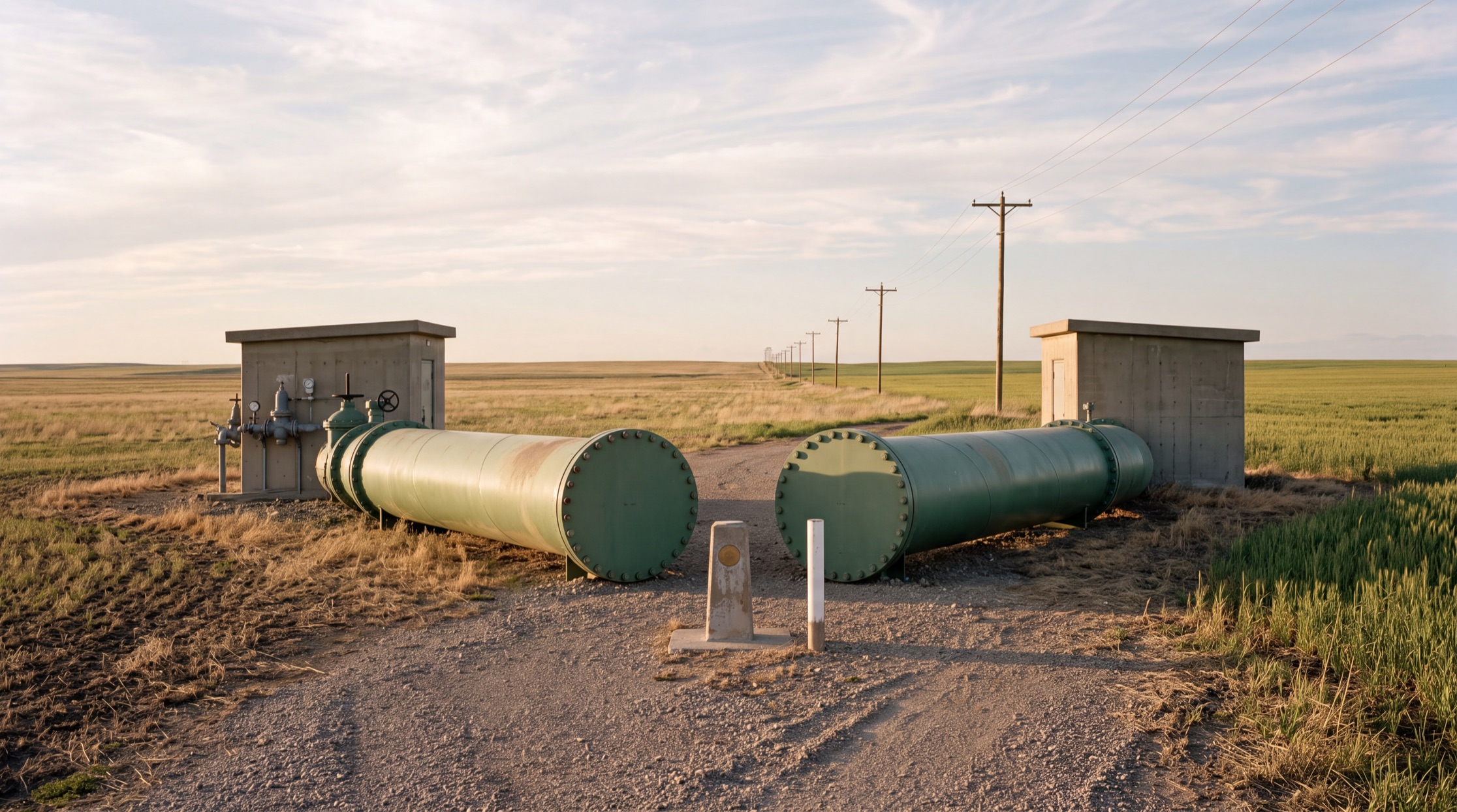 Two enormous steel water pipes emerging from prairie farmland and facing each other head on, each sealed with a bolted circular blind flange cap, separated by a narrow gap. A concrete survey monument with a brass cap and a white boundary post stand between them, marking a state line. A valve house with gauges and a handwheel sits behind the pipe on the left, a matching pump house behind the pipe on the right. A gravel road runs up to each side and stops. The grass on the left of the line is dry and brown; on the right it is green wheat.