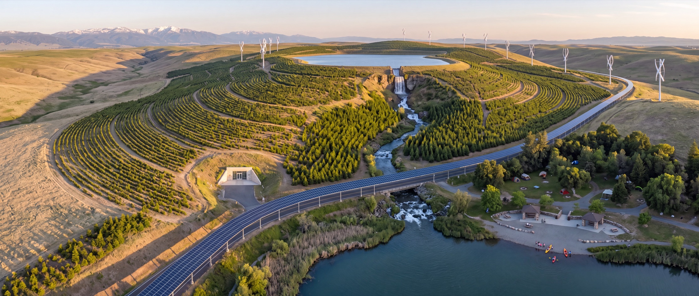 Aerial view of a wide valley planted with young trees in contour rows. A lake sits on the hilltop; a waterfall falls into a river running down through the planting to a larger lake on the valley floor, with kayaks, a campground and picnic shelters. A road roofed end to end in solar panels crosses the valley on a viaduct. Left of centre, a single small stone-and-glass door is set into the hillside — the only building in the frame.